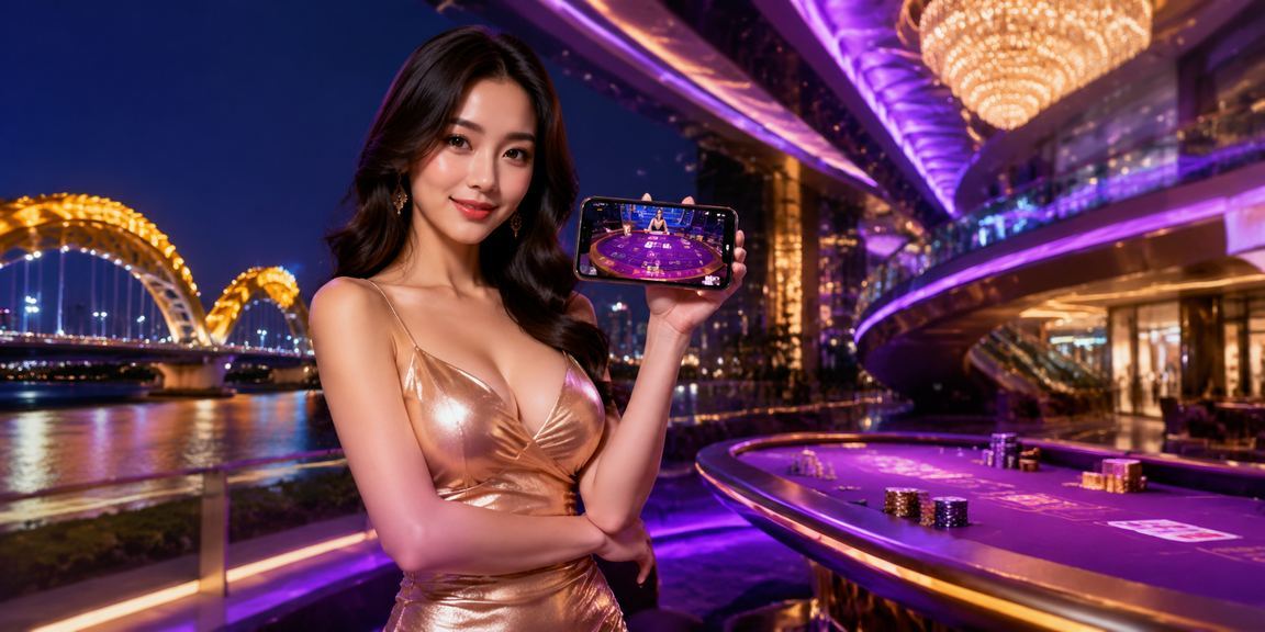 Bàn Baccarat Live Casino với ánh đèn neon đặc trưng tại Đà Nẵng ban đêm